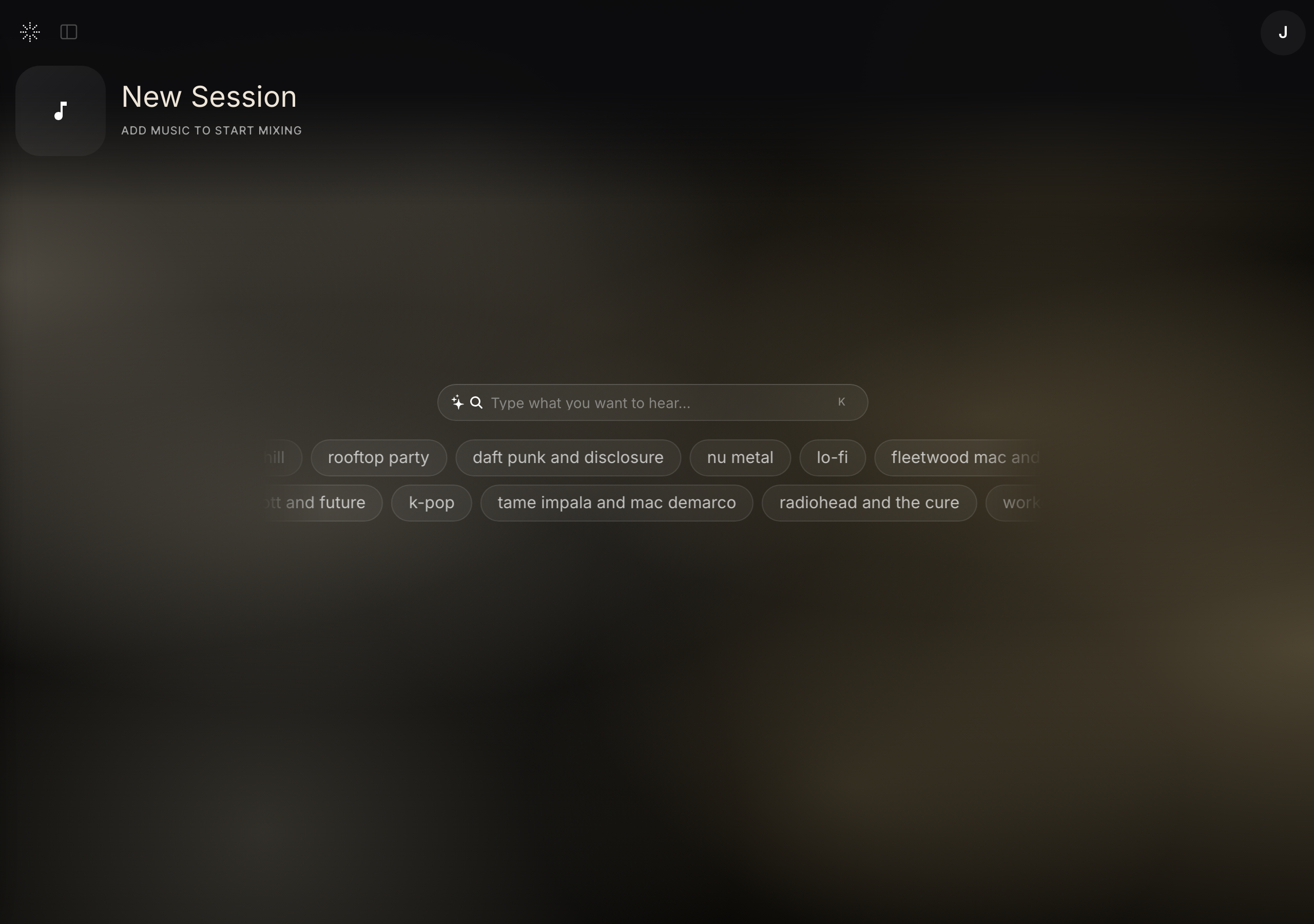 The STEM.FM New Session home screen with a search bar and vibe suggestions
