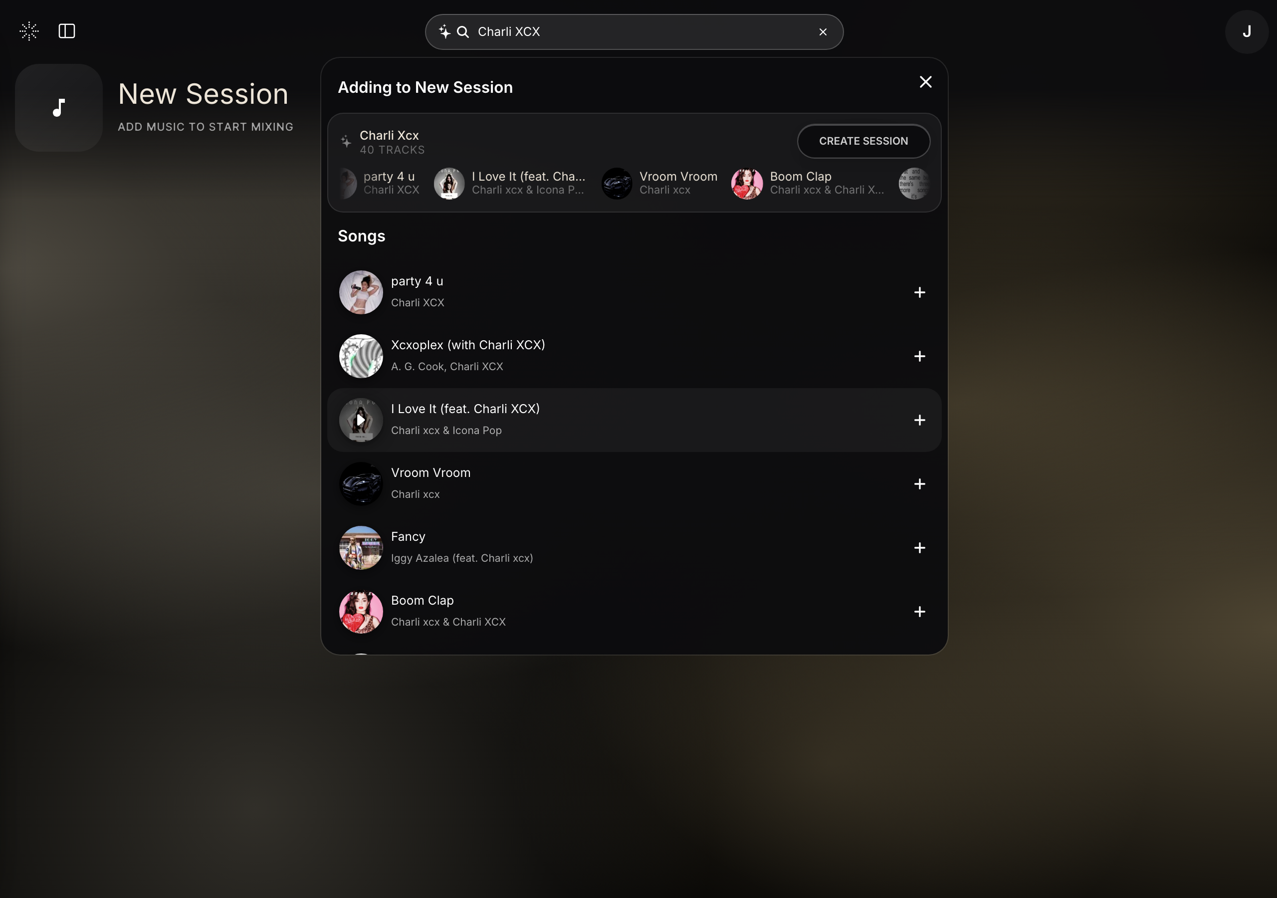 STEM.FM search results panel adding songs to a new session, with a Create Session button