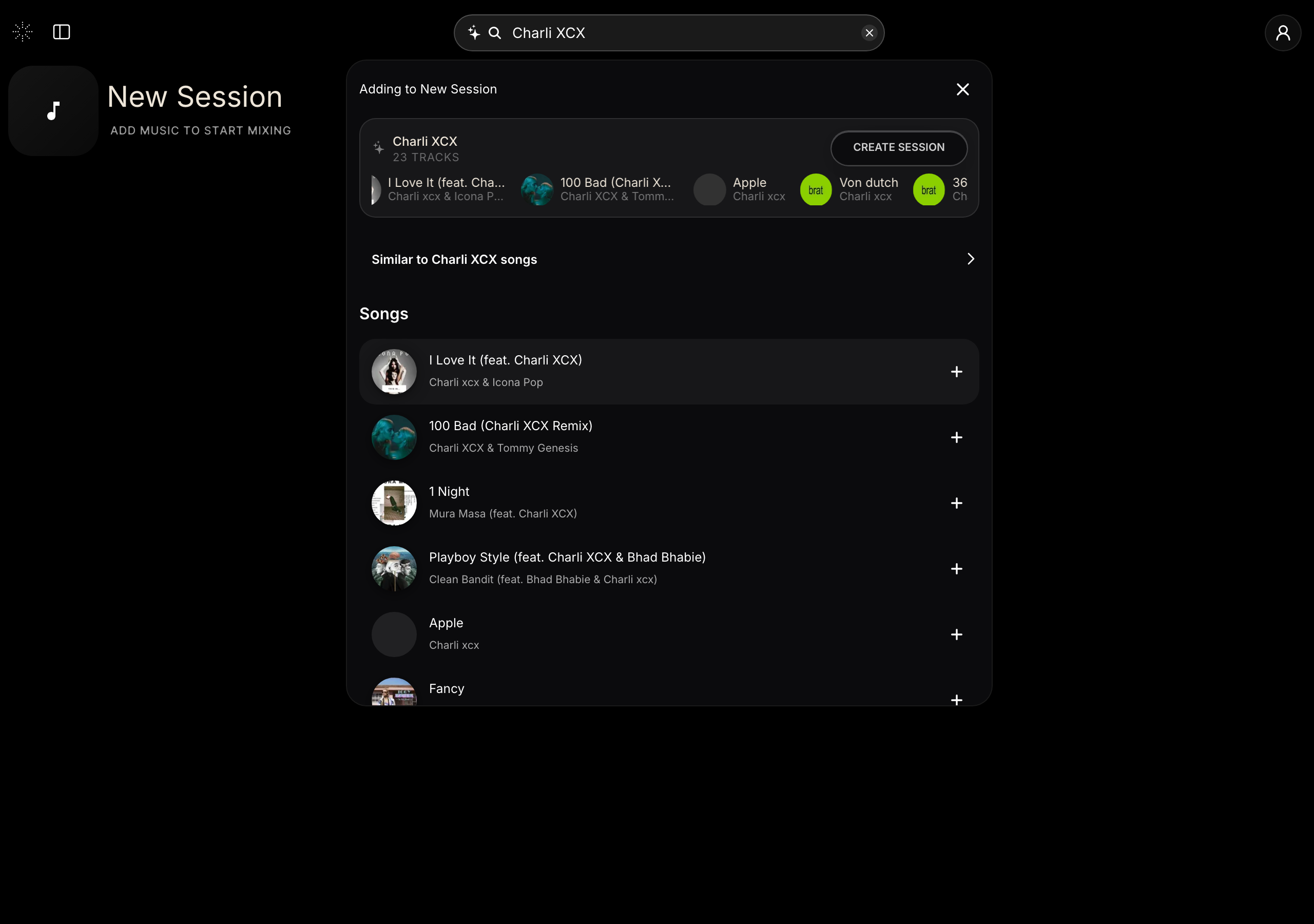 StemFM search results showing songs that can be added to a session