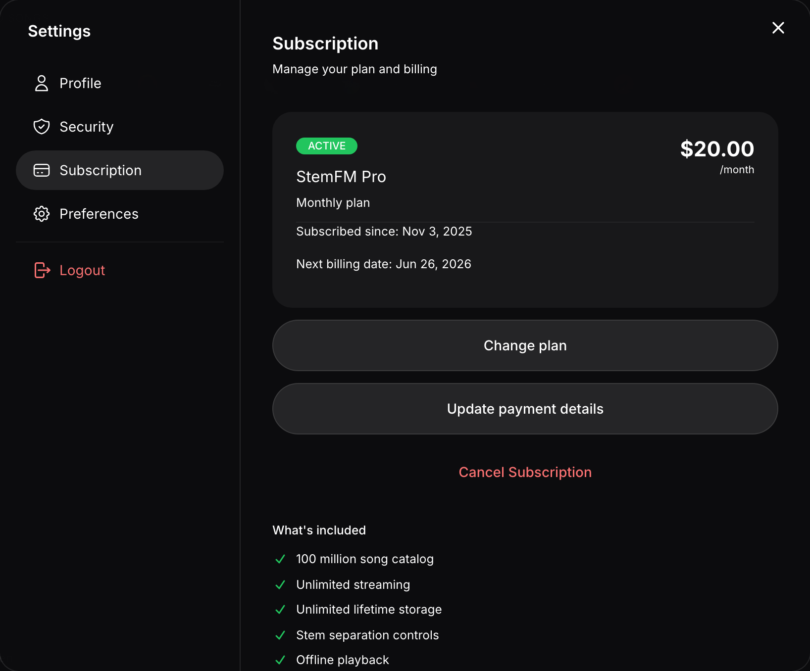 The StemFM Subscription tab with Change plan, Update payment details, and Cancel Subscription