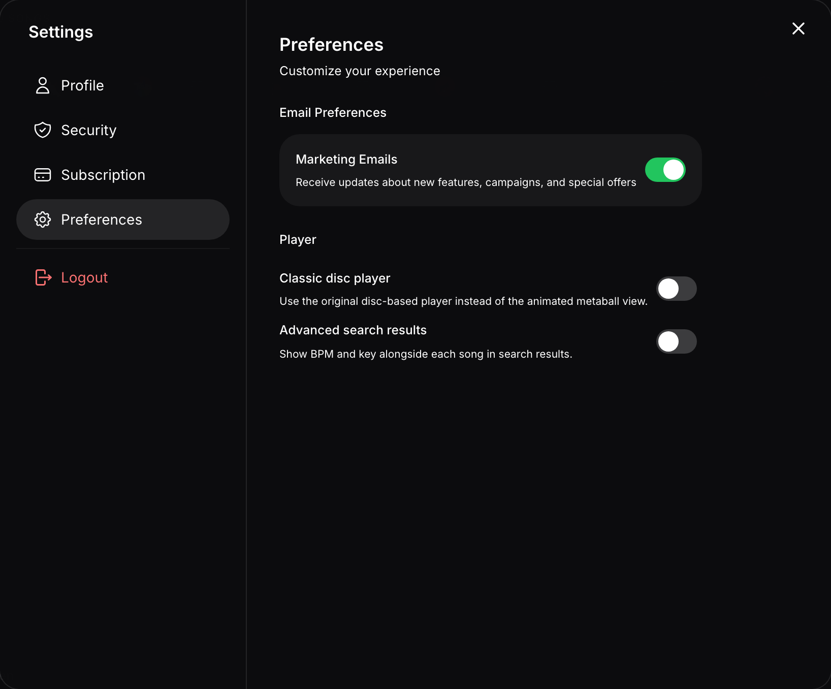 The StemFM Preferences tab with the Classic disc player toggle