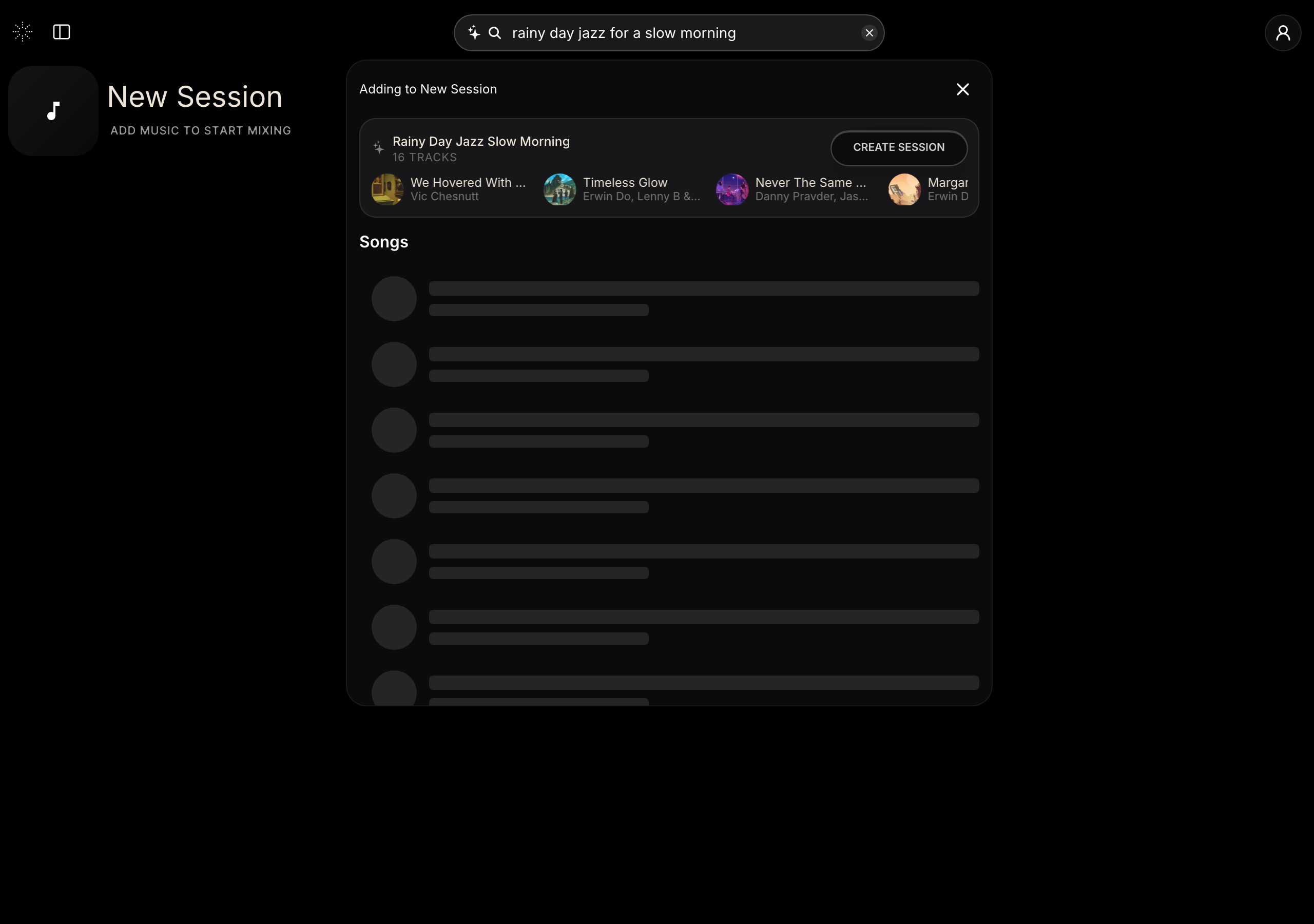 StemFM building a session from a typed text prompt
