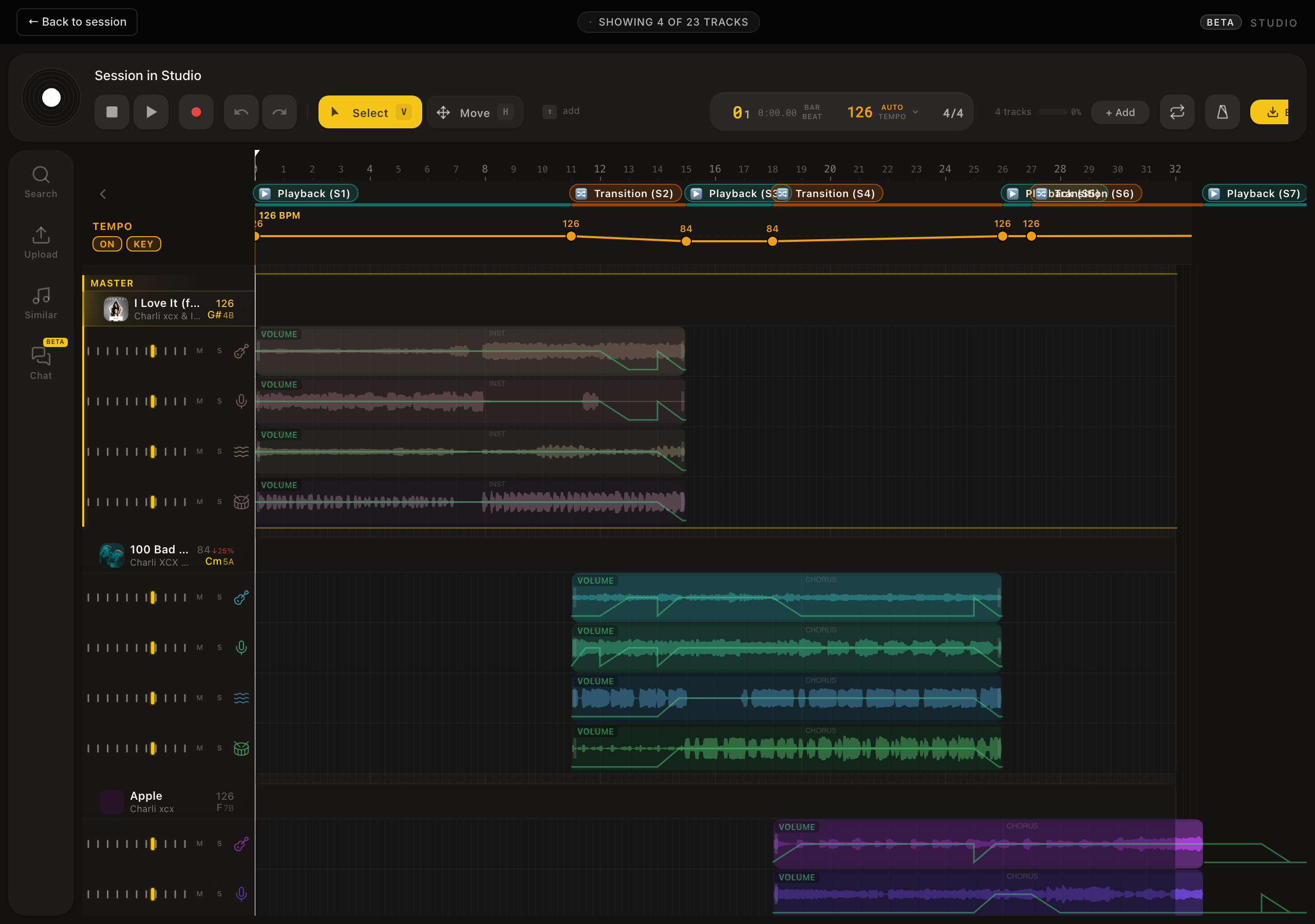 The StemFM Studio editor with tracks arranged on a timeline