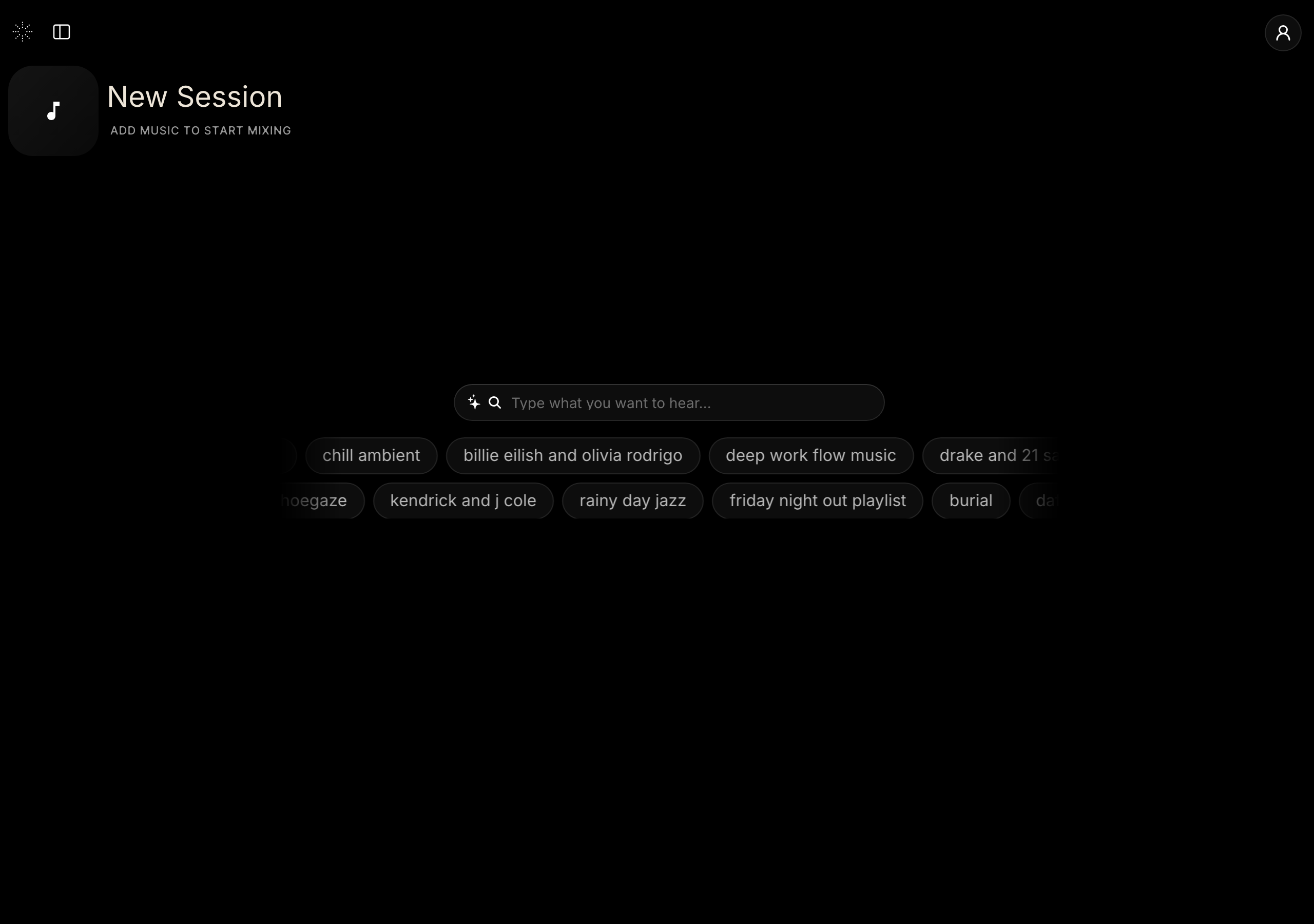 The StemFM New Session home screen with a search bar and vibe suggestions