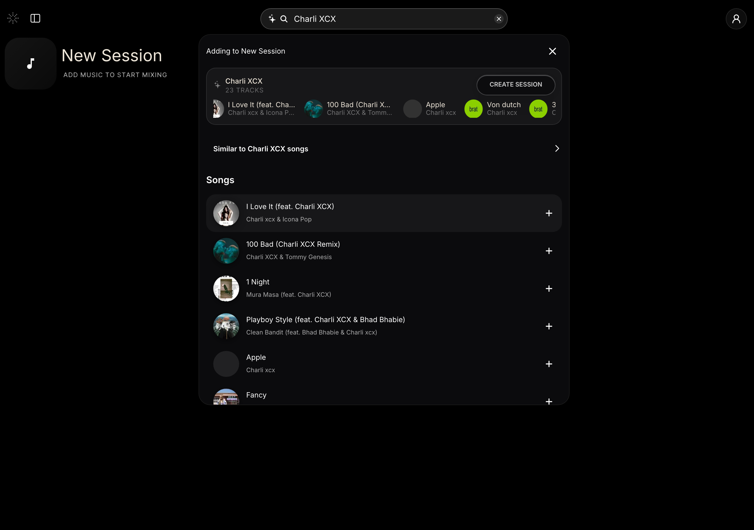 StemFM search results panel adding songs to a new session, with a Create Session button