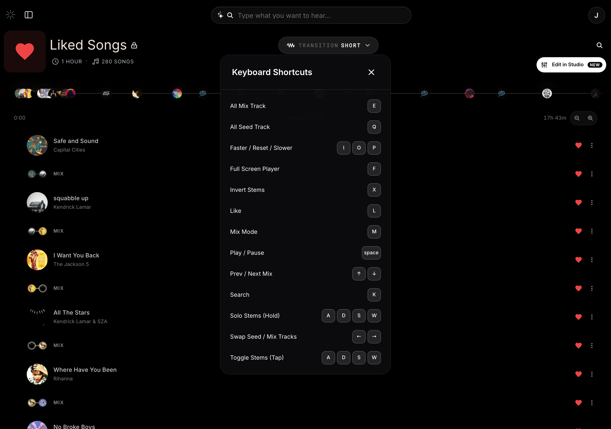 The StemFM keyboard shortcuts reference