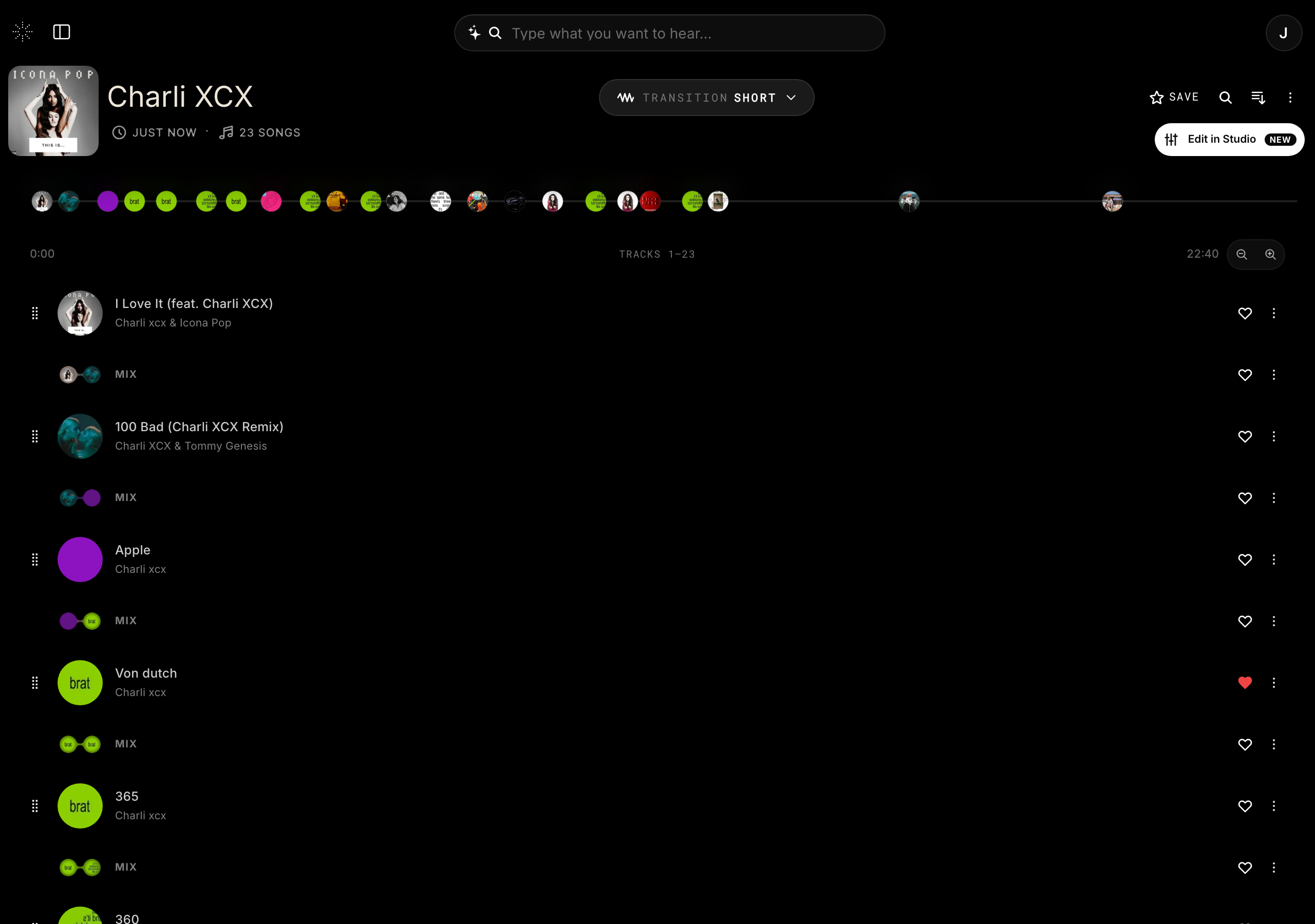A StemFM session with a like control on each track