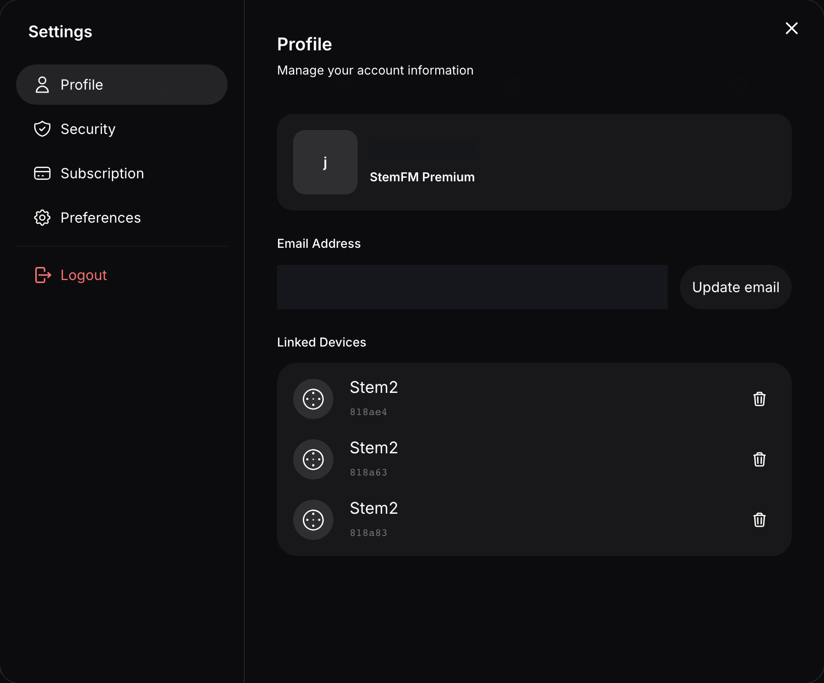 The StemFM Account Settings Profile tab with the Profile, Security, Subscription, and Preferences tabs