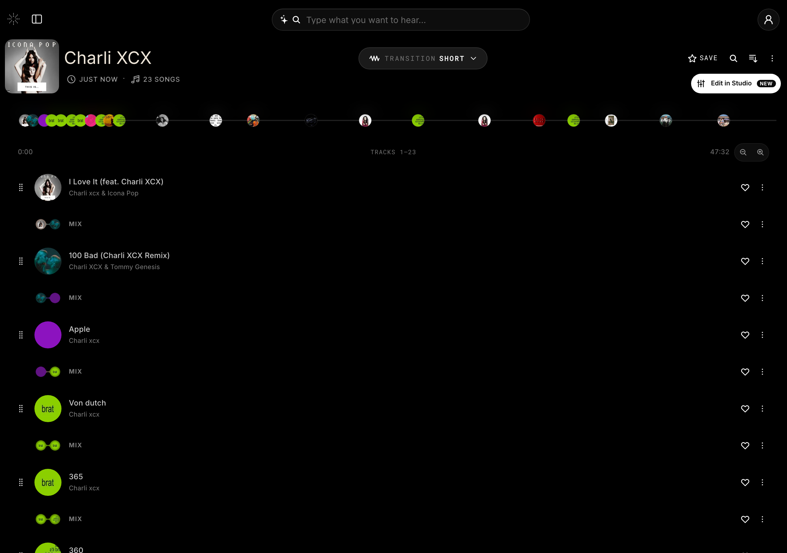 A StemFM session with the transition / mode control in the player header