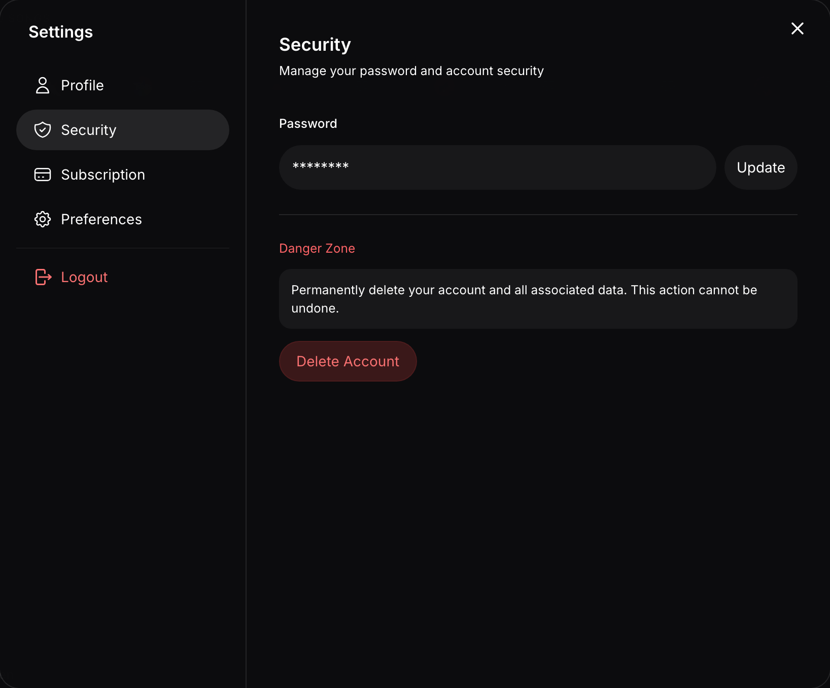 The StemFM Security tab in Account Settings for changing your password