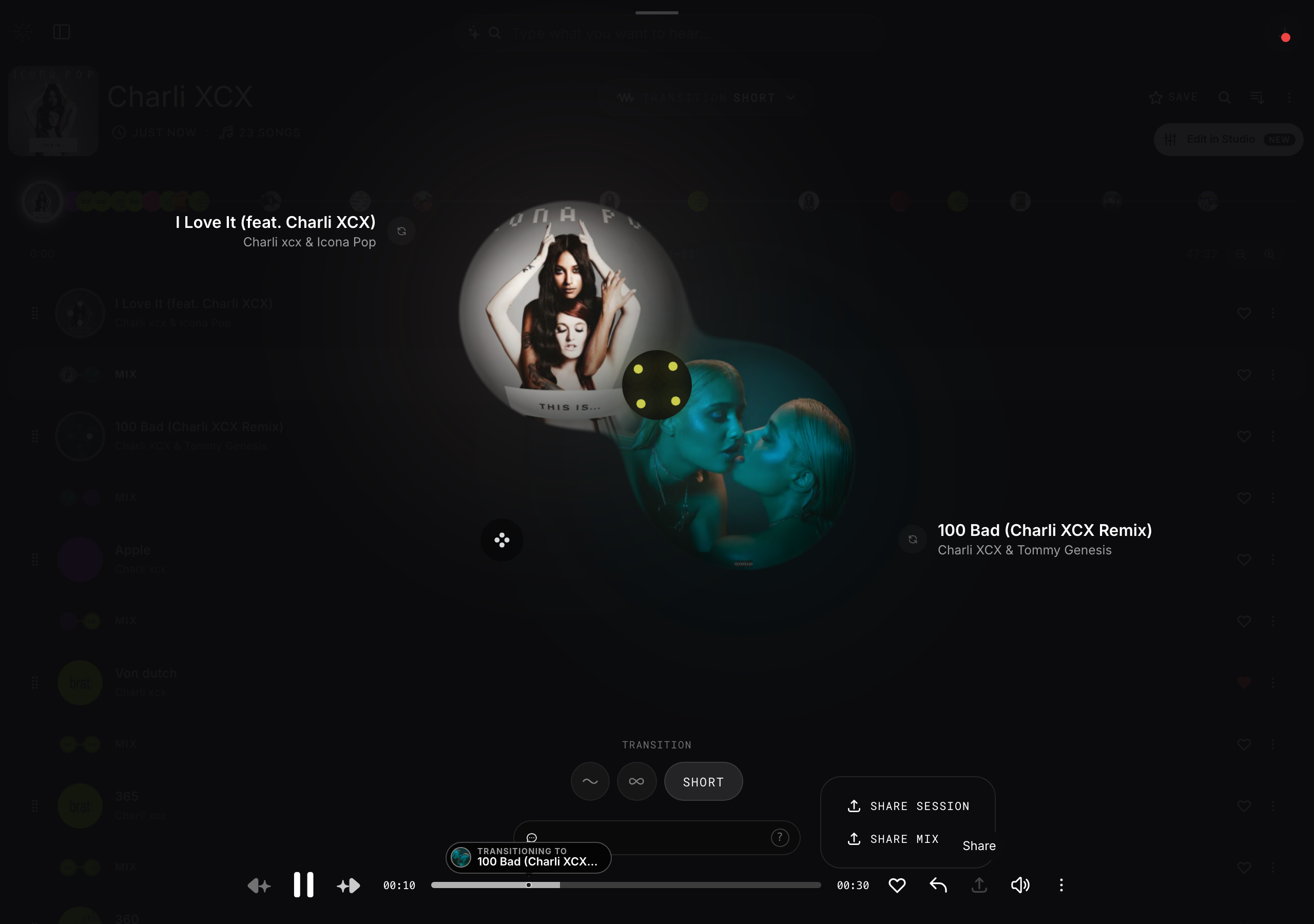 The StemFM player track-options and share menu
