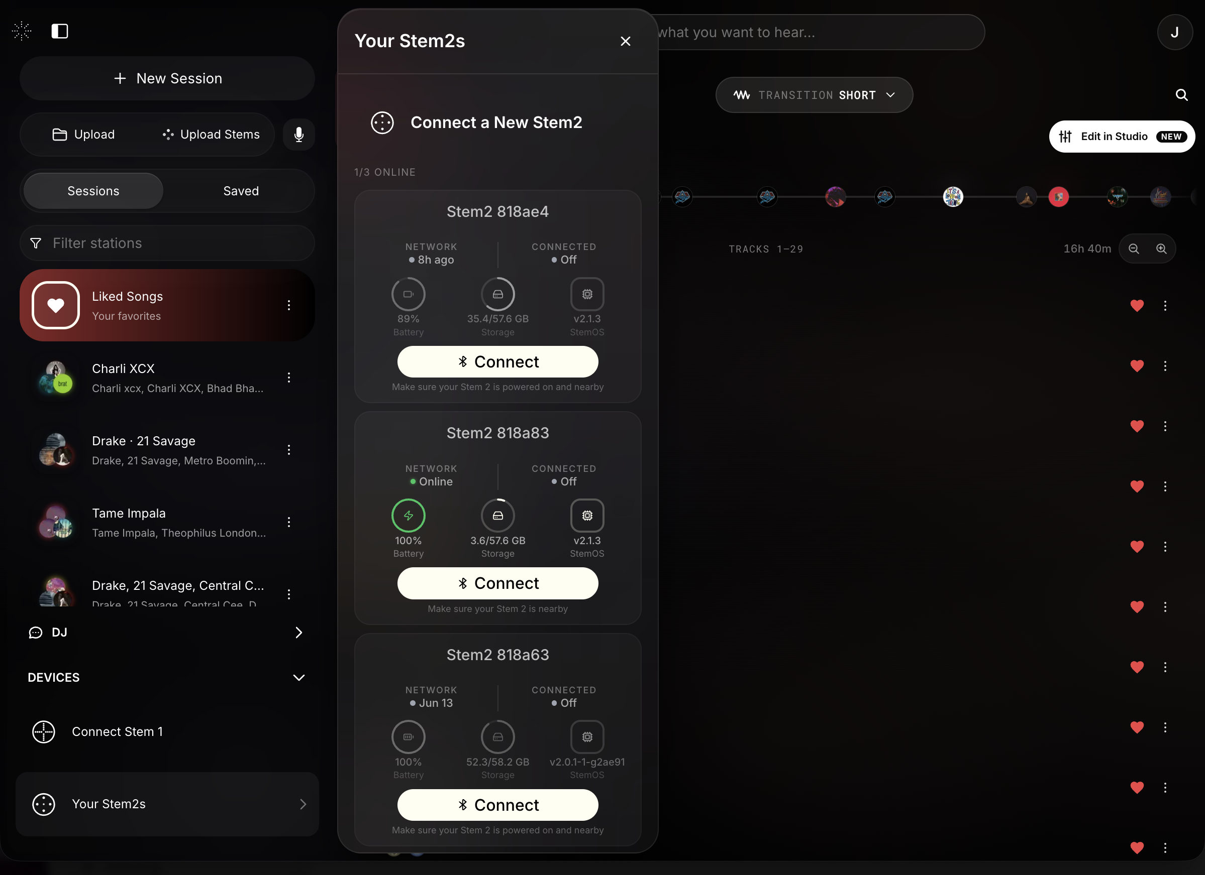 The Your Stem2s panel listing paired devices with battery, storage, and firmware version.