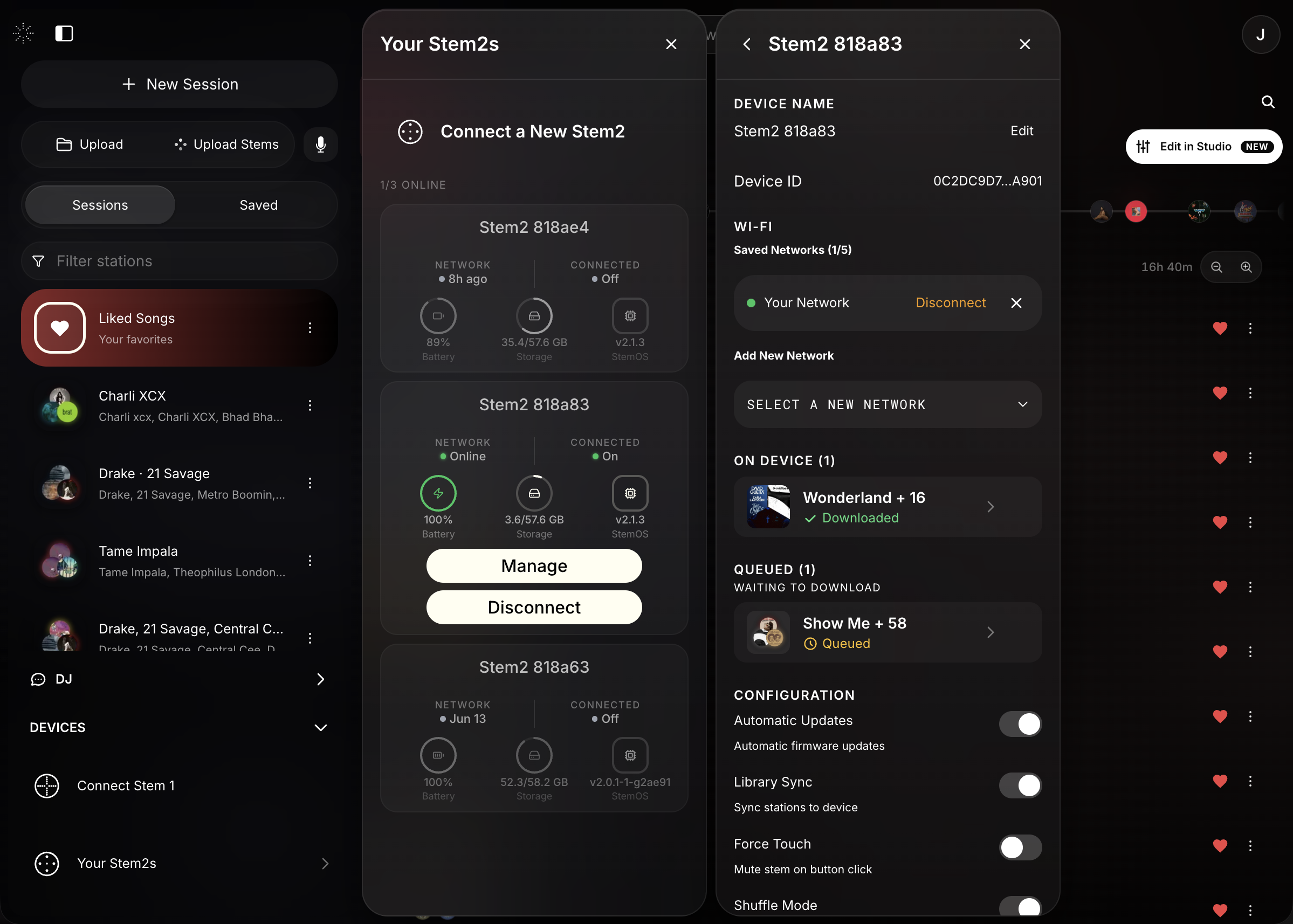 The Stem 2 management panel with device info, Wi-Fi networks, on-device tracks, the download queue, and configuration toggles.