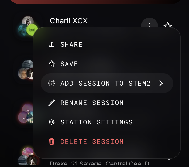 A session’s options menu with Add Session to Stem2 highlighted.