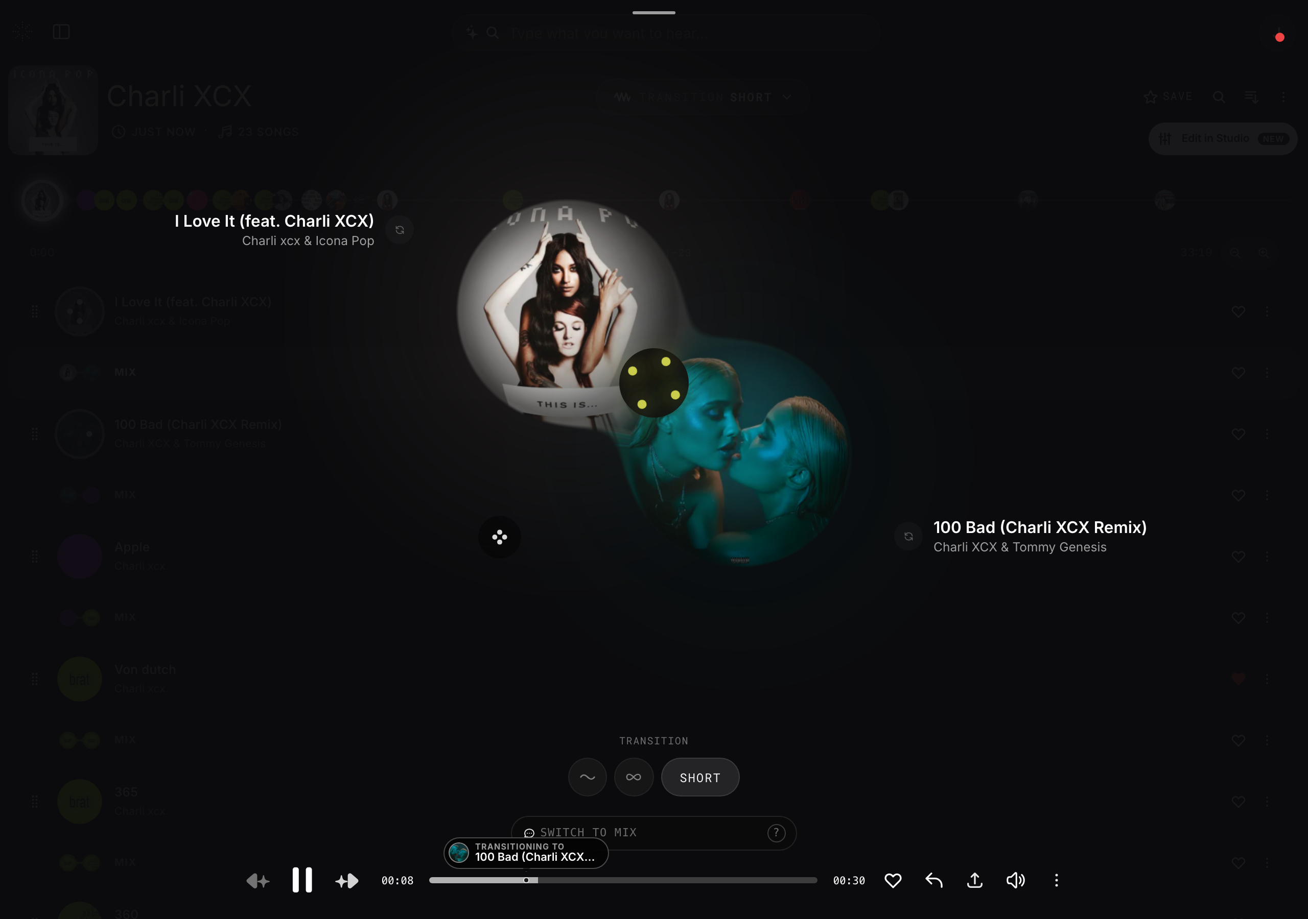 The StemFM player transition control set to Long, Balanced, or Short