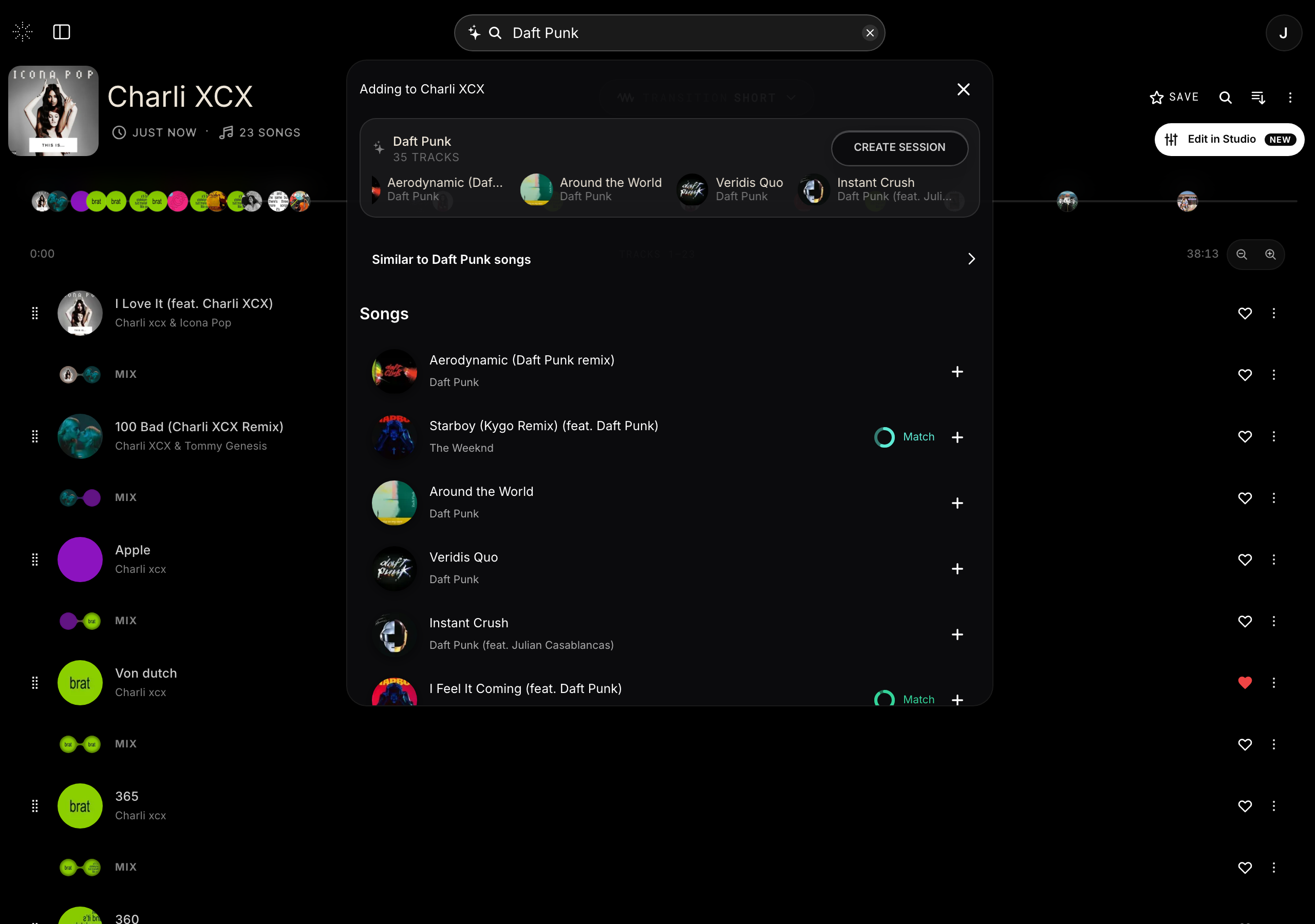 StemFM search results showing Match badges next to tracks