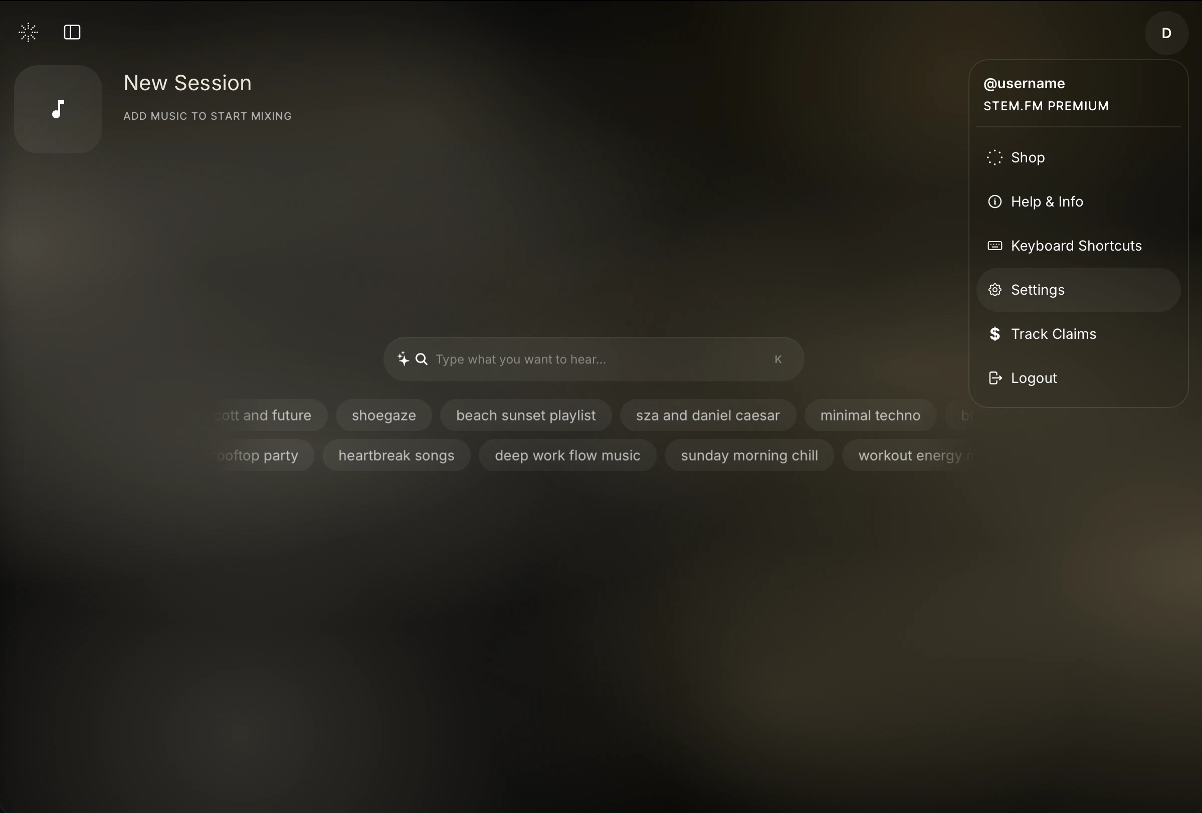 The STEM.FM profile menu open in the top right, with Settings highlighted